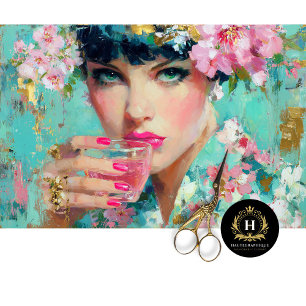 Floral Glam Woman with Pink Drink Decoupage  Tissue Paper