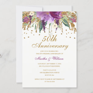 Floral Glitter Amethyst 50th Wedding Anniversary Invitation