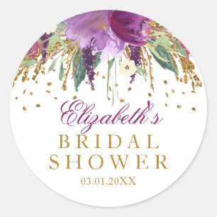 Floral Glitter Amethyst Bridal Shower Sticker