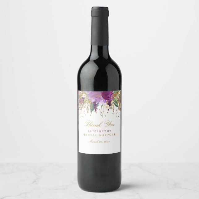 Floral Glitter Amethyst Bridal Shower Wine Label (Front)