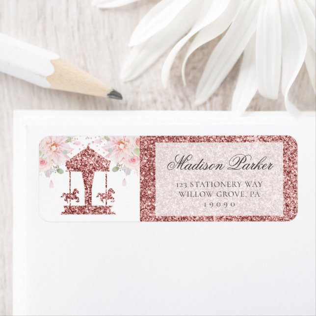 Floral Glitter Birthday Carousel Personalised Return Address Label (Insitu)