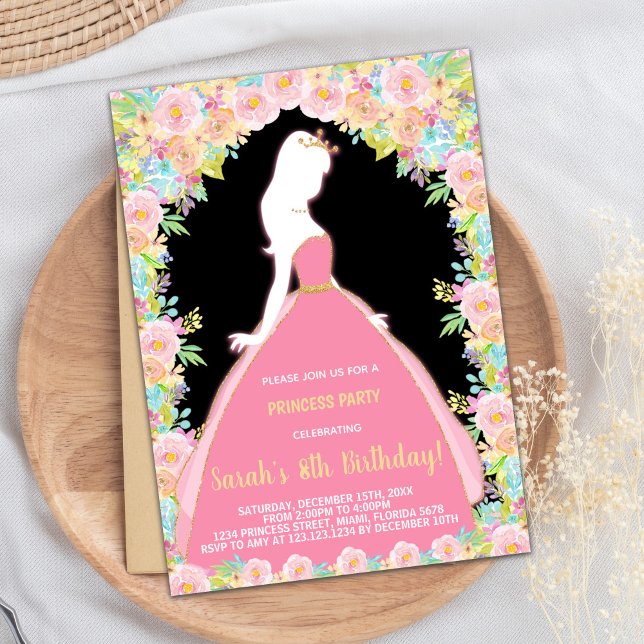 Floral Glitter Black Pink Princess Birthday Invitation (Floral Glitter Black Pink Princess Birthday Invitation)