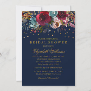 Floral Glitter Burgundy Navy Bridal Shower Invitation