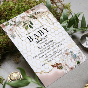 Floral Glitter Drip Marble Baby Shower Invitation