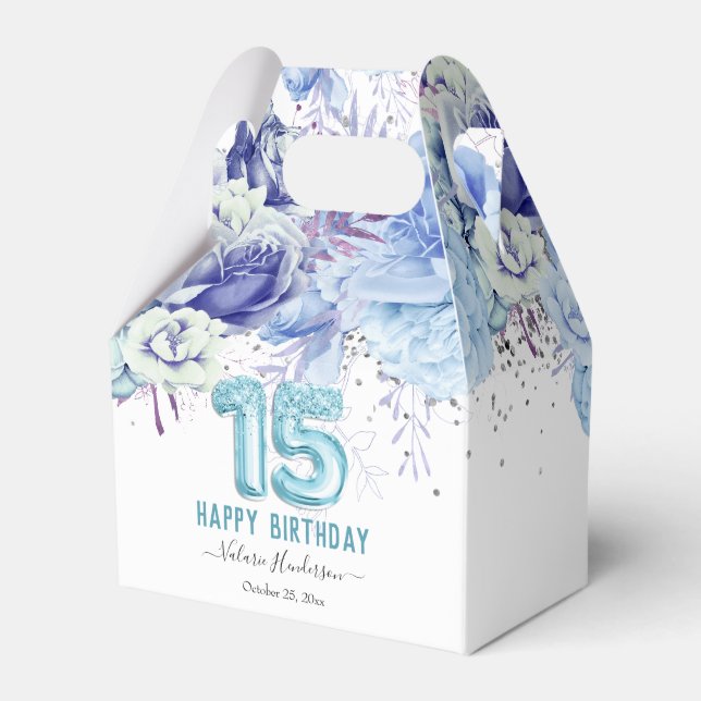 Floral Glitter Light Blue Happy 15th Birthday Favo Favour Box (Front Side)