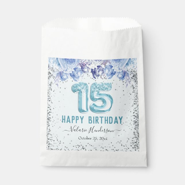 Floral Glitter Light Blue Happy 15th Birthday Favour Bag (Front)