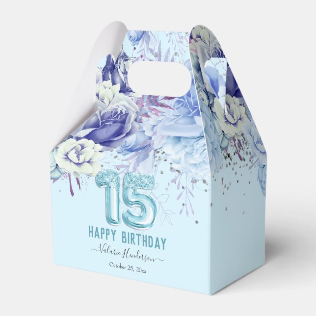 Floral Glitter Light Blue Happy 15th Birthday Favour Box (Front Side)