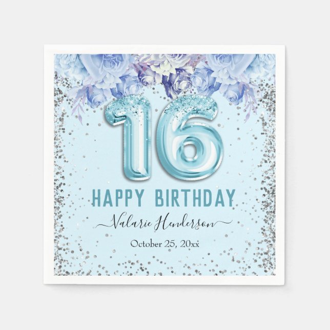 Floral Glitter Light Blue Happy 16th Birthday Napkin (Front)