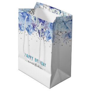 Floral Glitter Light Blue Happy Birthday Medium Gi Gift Bag