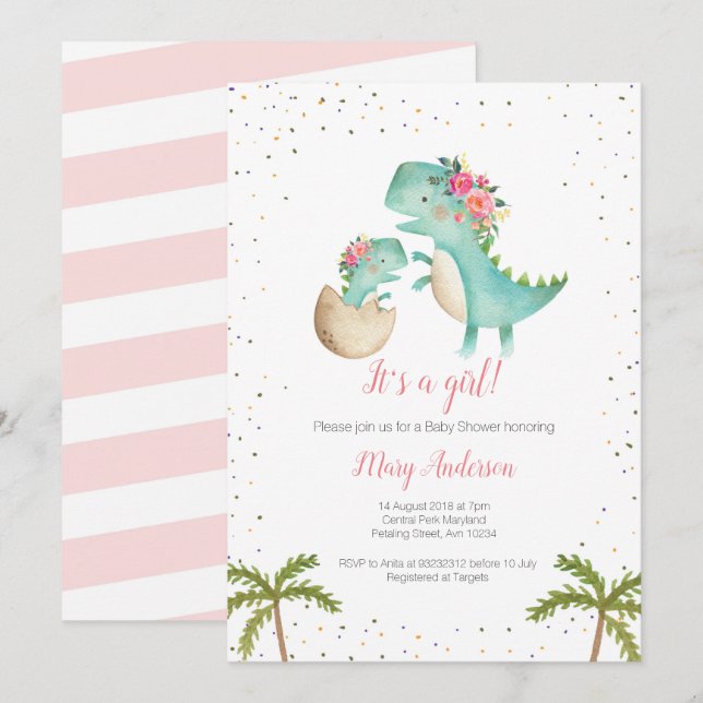 Floral Glitter Pink Dinosaur Baby Shower Invitation (Front/Back)