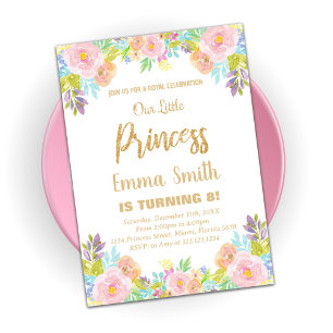 Floral Glitter Princess Birthday Invitations