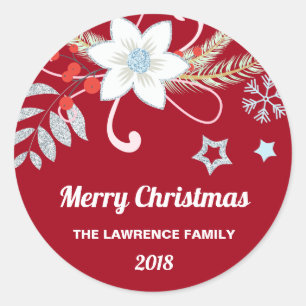 Floral Glitter Snowflakes Red Christmas Classic Round Sticker