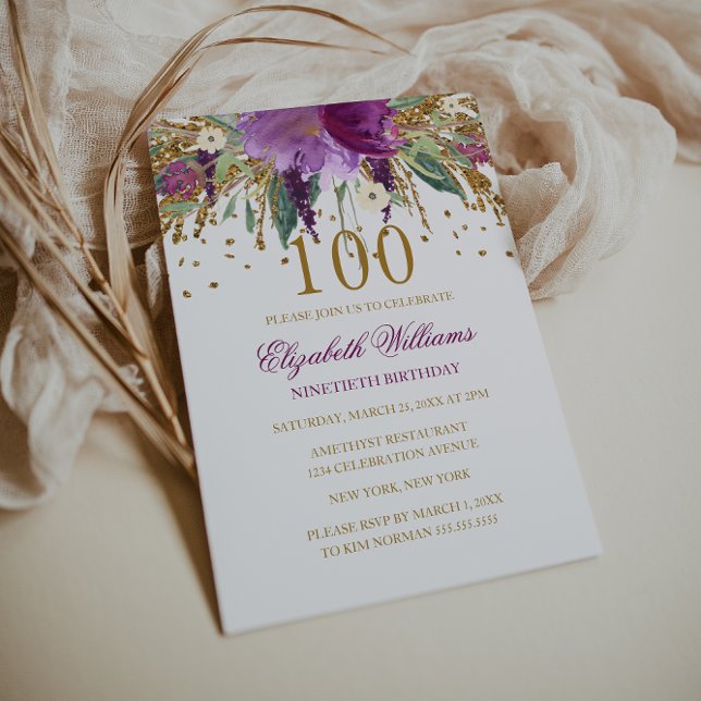Floral Glitter Sparkling Amethyst 100th Birthday Invitation (Creator Uploaded)