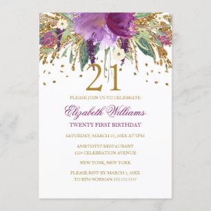 Floral Glitter Sparkling Amethyst 21st Birthday Invitation