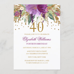 Floral Glitter Sparkling Amethyst 40th Birthday Invitation