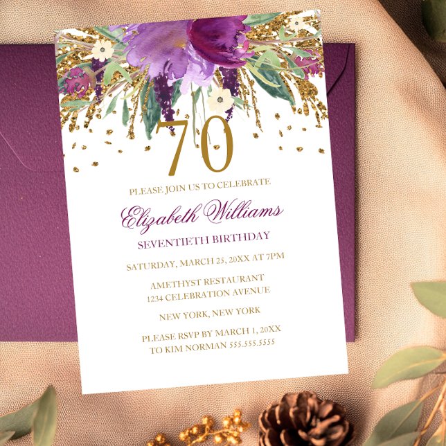 Floral Glitter Sparkling Amethyst 70th Birthday Invitation (Creator Uploaded)