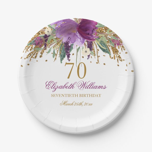 Floral Glitter Sparkling Amethyst 70th Birthday Paper Plate (Front)