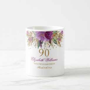 Floral Glitter Sparkling Amethyst 90th Birthday Coffee Mug