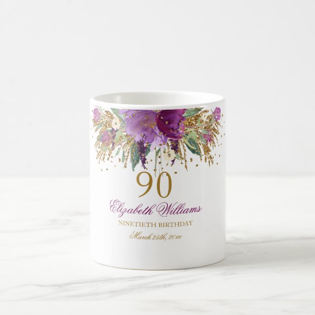 Floral Glitter Sparkling Amethyst 90th Birthday Coffee Mug (Center)