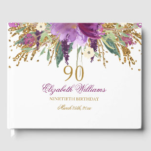 Floral Glitter Sparkling Amethyst 90th Birthday Guest Book