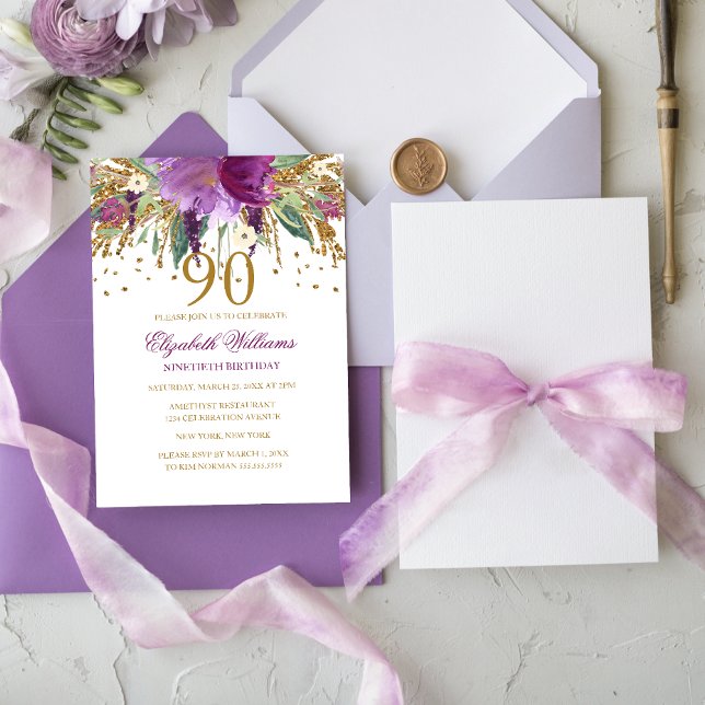 Floral Glitter Sparkling Amethyst 90th Birthday Invitation (Creator Uploaded)
