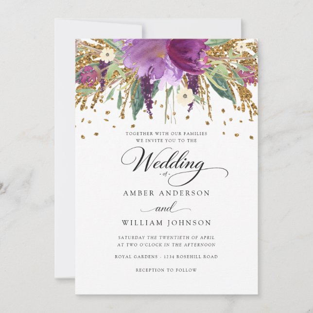 Floral Glitter Sparkling Amethyst Wedding  Invitation (Front)