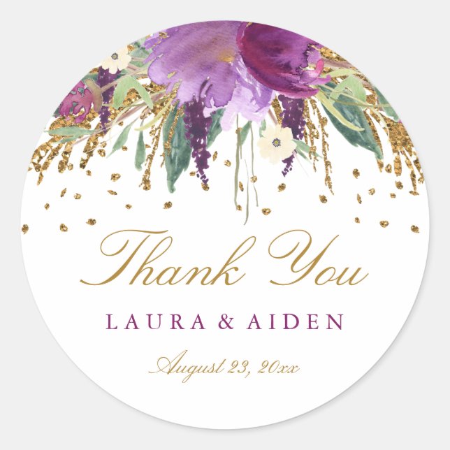 Floral Glitter Sparkling Amethyst Wedding Stickers (Front)