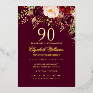 Floral Glitter Sparkling Burgundy 90th Birthday