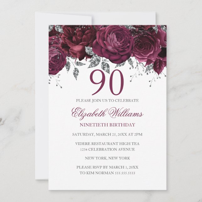 Floral Glitter Sparkling Burgundy 90th Birthday Invitation (Front)