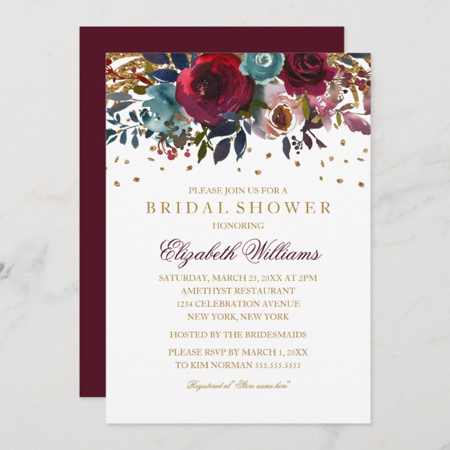 Floral Glitter Sparkling Burgundy Bridal Shower Invitation (Front/Back)