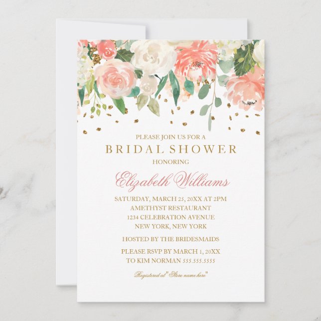 Floral Glitter Sparkling Peach Bridal Shower Invitation (Front)