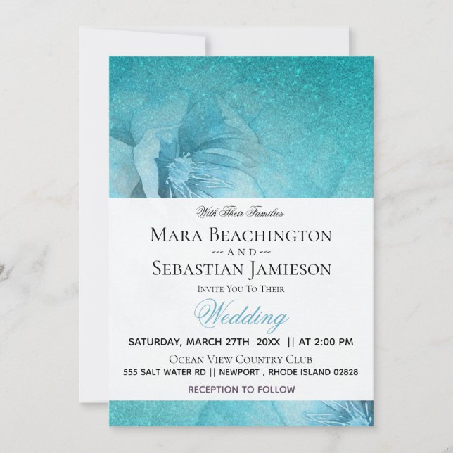 *~* Floral Glitter Teal Elegant Wedding Invitation (Front)