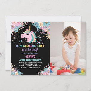 Floral Glitter Unicorn Birthday Invitations photo