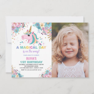 Floral Glitter Unicorn Birthday Invitations photo