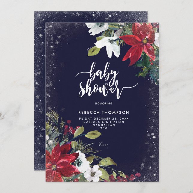 floral glitter winter baby shower invitation (Front/Back)