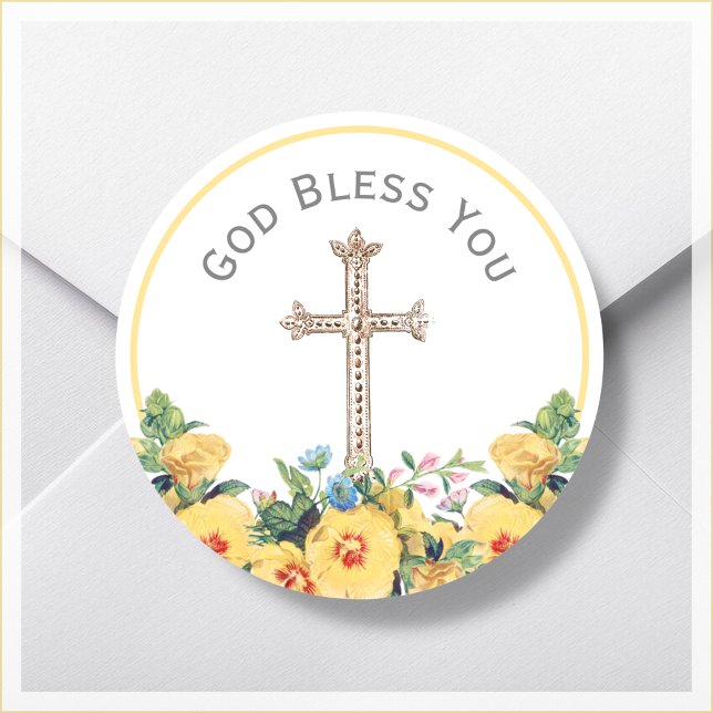 Floral God Bless You Religious  Classic Round Sticker (Creator Uploaded)