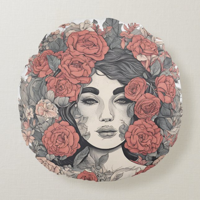 Floral Goddess  – Elegant Woman with Roses Round Cushion (Front)