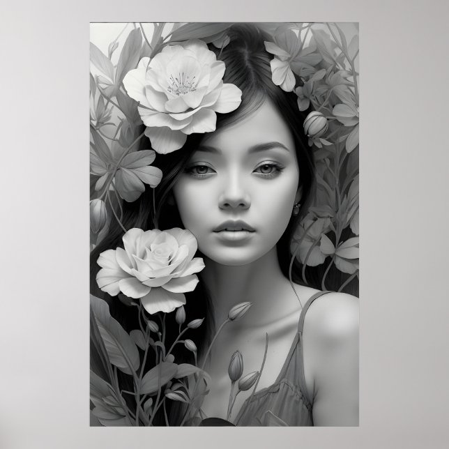 Floral Goddess in Black and White Poster (Front)
