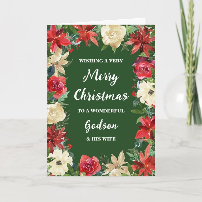 Floral Godson & His Wife Merry Christmas Card (Front)
