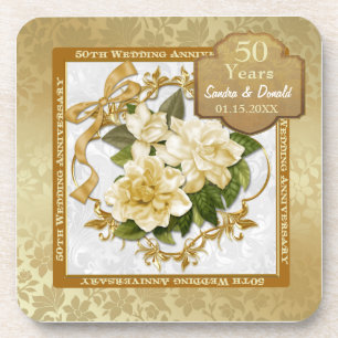 Floral Gold 50th Wedding Anniversary Coaster