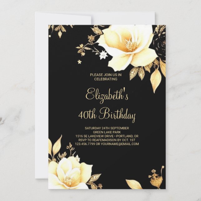 Floral Gold and Black Printable 40th Birthday Invitation (Front)