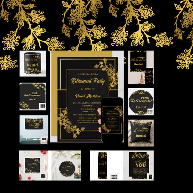  Floral Gold and Black Retirement Party 2024 Invitation (Creator Uploaded)