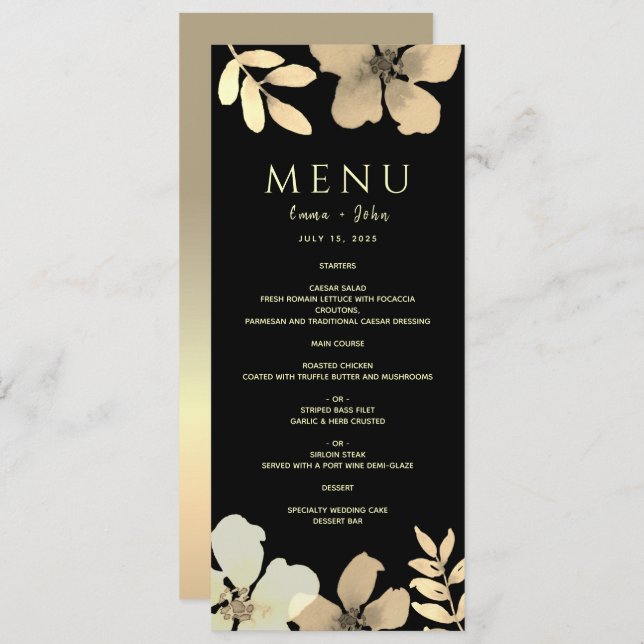Floral Gold and Black Wedding Menu (Front/Back)