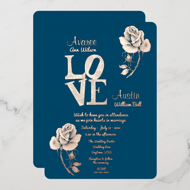 Floral  Gold and Blue Foil Invitation (Front/Back)
