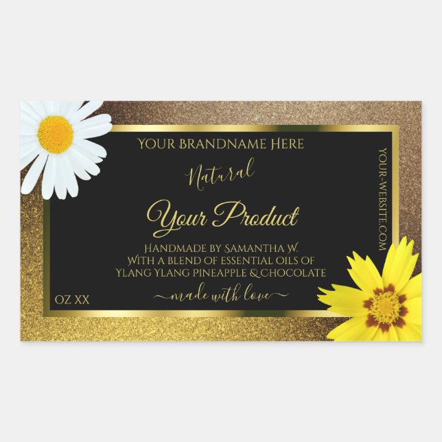 Floral Gold and Brown Glitter Black Product Labels (Front)