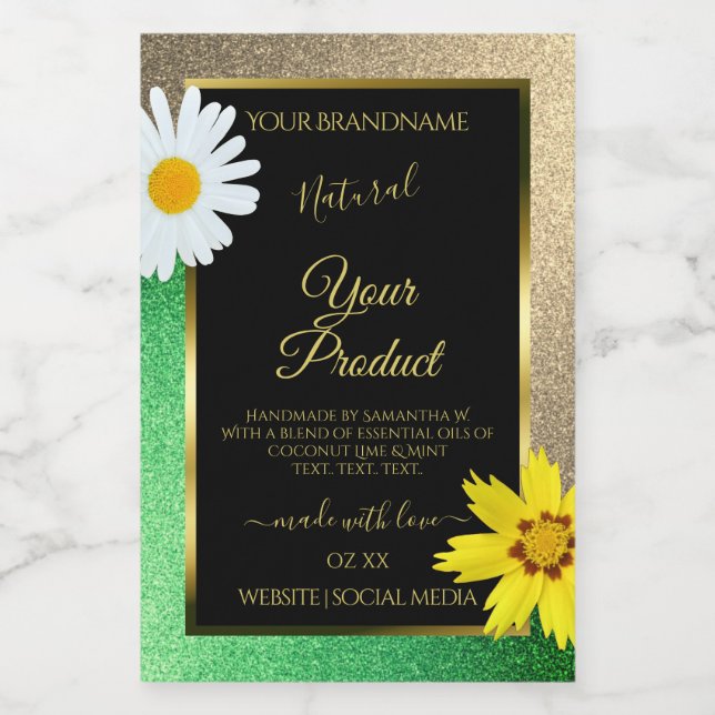 Floral Gold and Green Glitter Black Product Labels (Single Label)