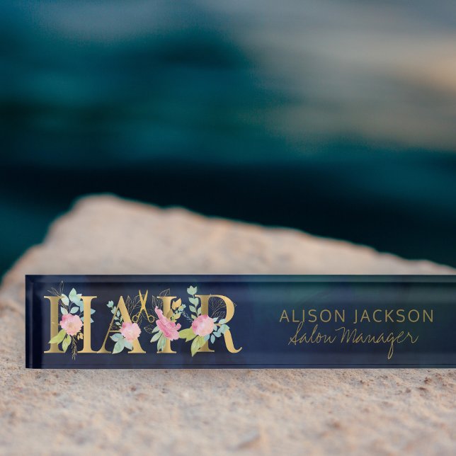Floral gold and navy typography hair salon manager nameplate (Creator Uploaded)