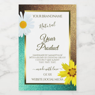 Floral Gold and Teal Glitter White Product Labels
