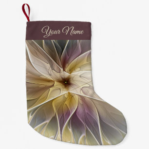 Floral Gold Aubergine Modern Abstract Fractal Name Small Christmas Stocking