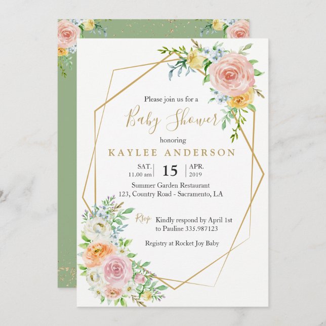 Floral gold Baby shower invitation card (Front/Back)